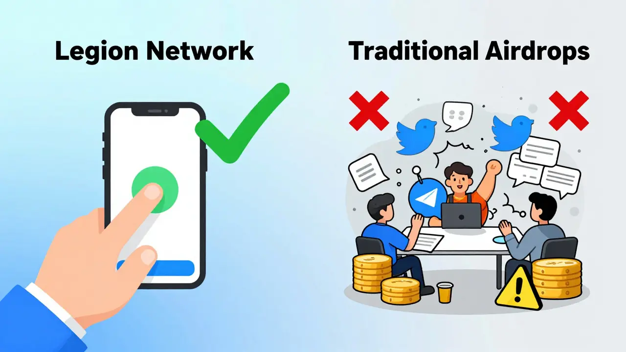 Vergleich: Einfacher Airdrop mit einem Klick links, komplexe Airdrops mit Chaos rechts.