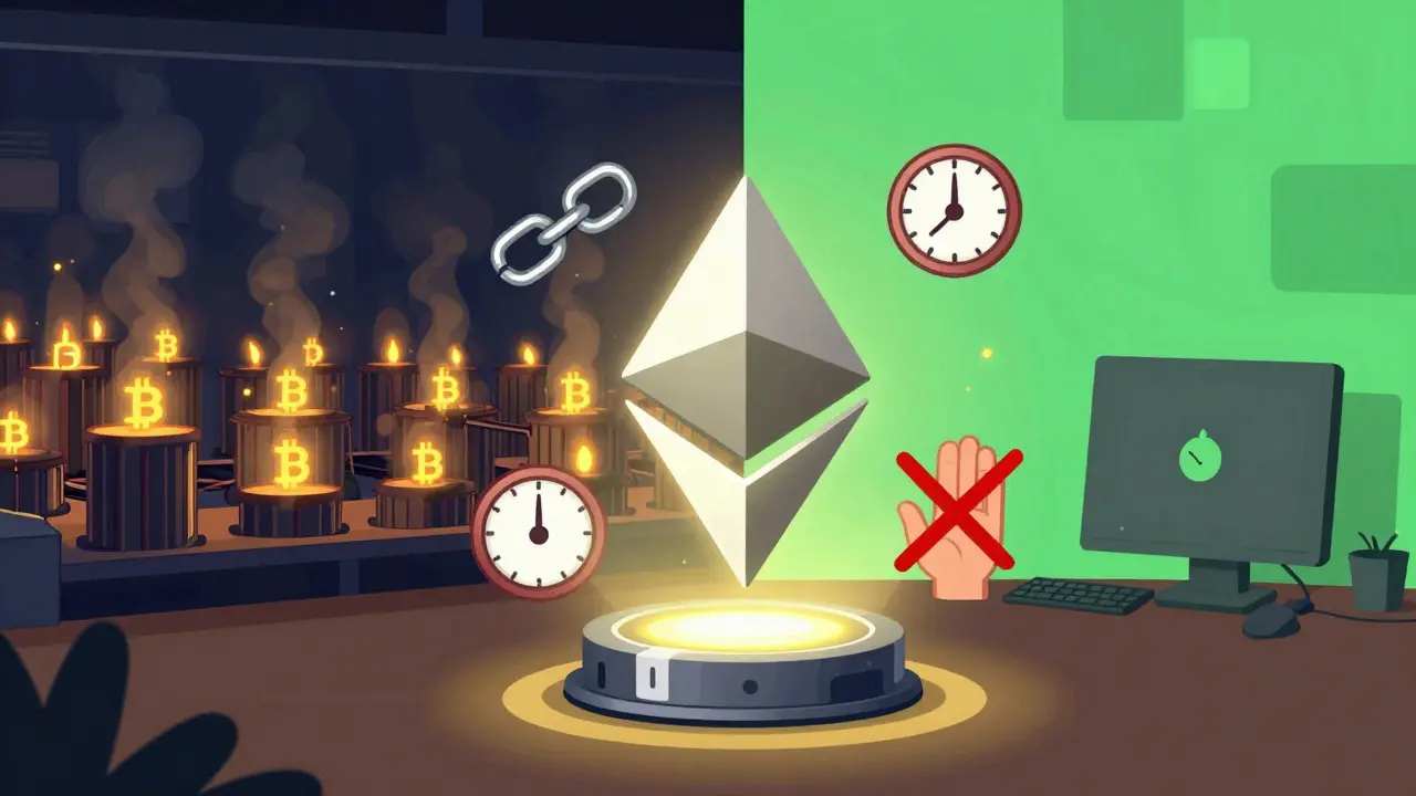 Vergleich: Energieintensives Bitcoin-Mining vs. ruhiger Ethereum-Staking-Node mit 32 ETH.