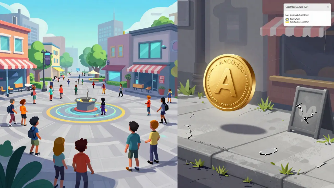 Vergleich: Lebendige virtuelle Welt links, verlassene AR-Szene rechts mit veraltetem Code.