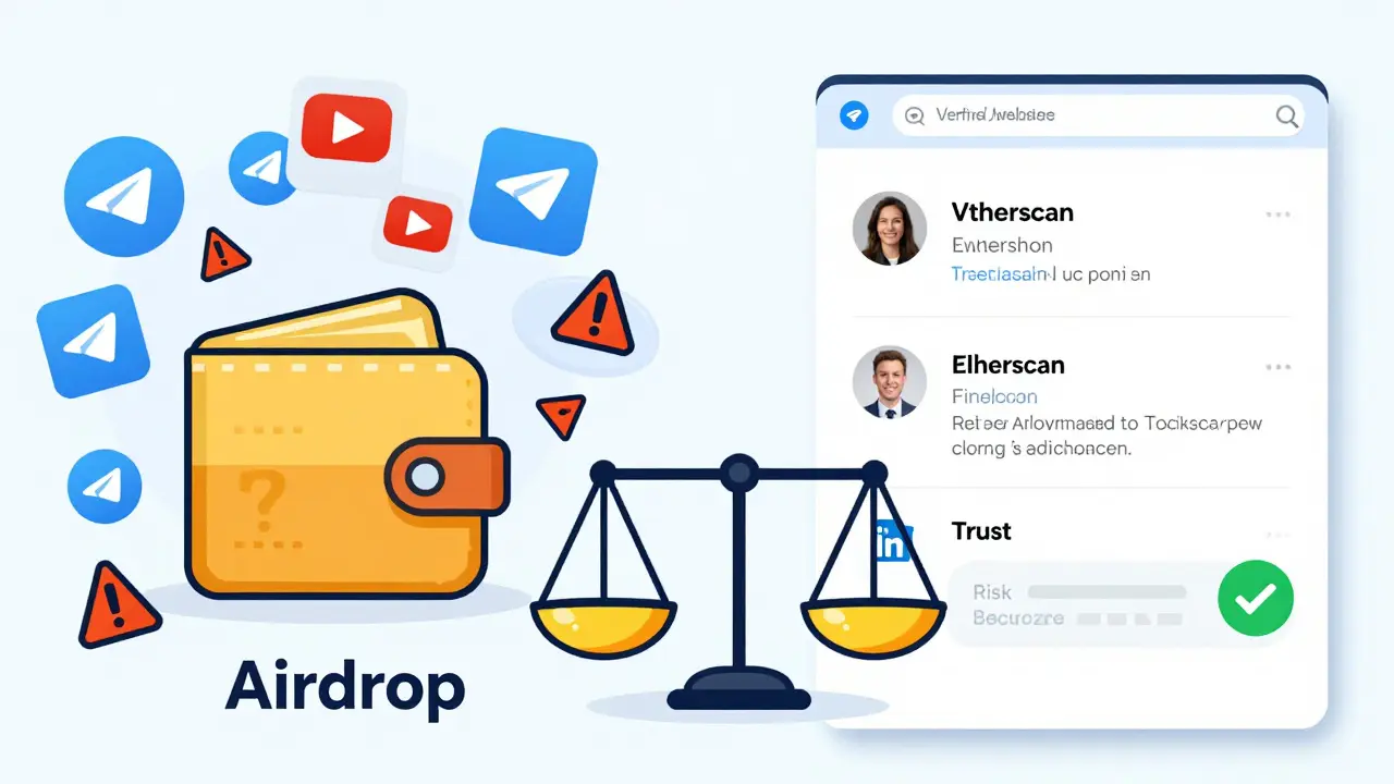 Vergleich: Linker Teil zeigt betrügerische Airdrop-Elemente, rechter Teil echte, verifizierte Projekte.