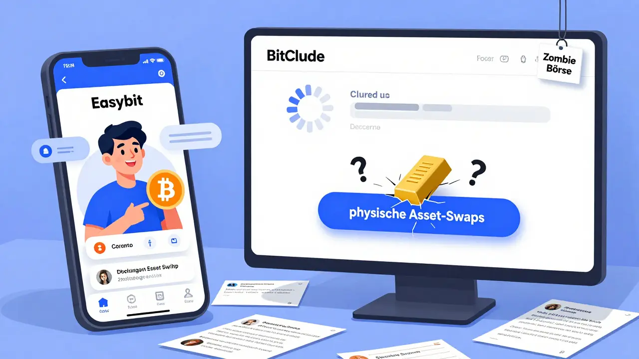 Vergleich: Moderne Krypto-App links, tote BitClude-Webseite rechts mit eingeklemmtem Goldbarren.
