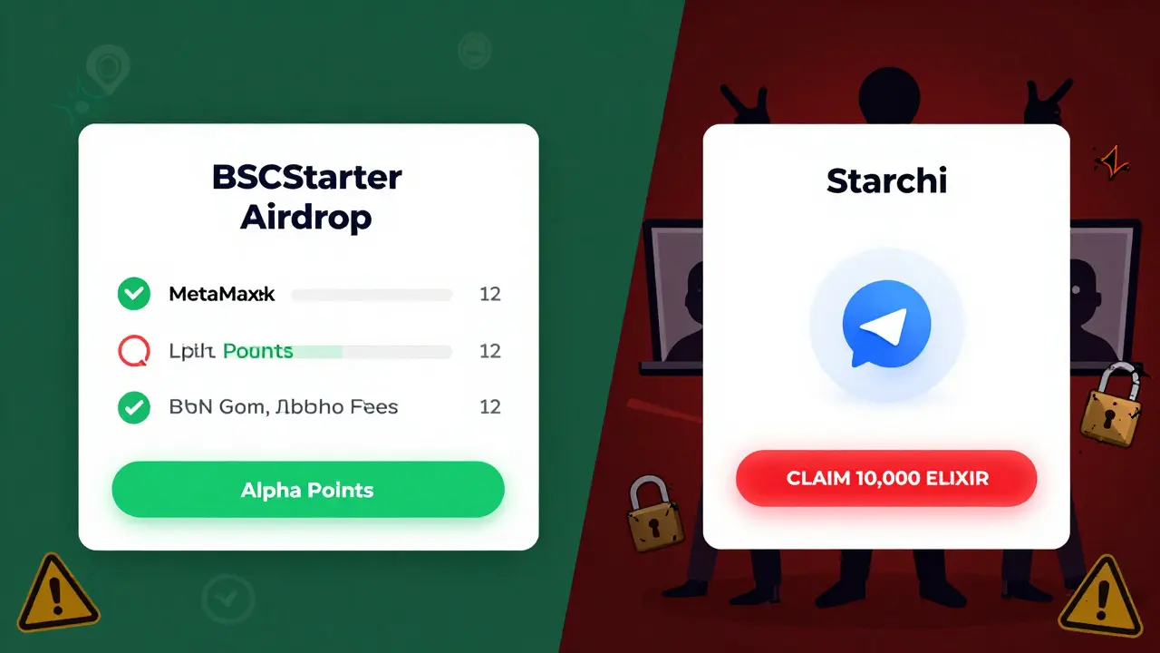 Vergleich zwischen echtem BSCStarter-Airdrop und betrügerischer Starchi-Website mit Warnsymbolen.