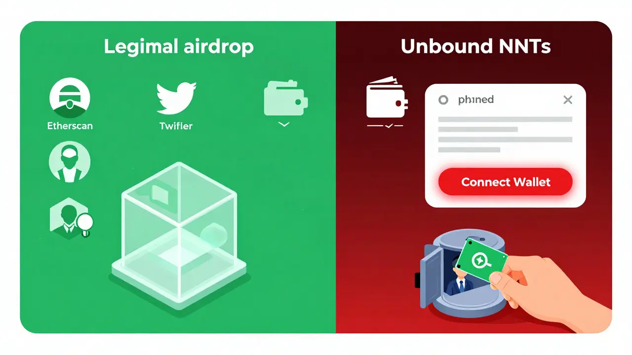 Vergleich zwischen echtem und gefälschtem Airdrop: links transparent und sicher, rechts gefährlich und betrügerisch.