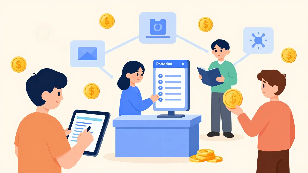 Verschiedene Nutzer nutzen Staking-Pools, Delegation und Liquid Staking in einer dezentralen Gemeinschaft.