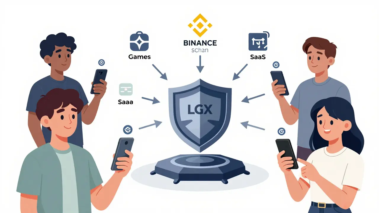 Verschiedene Nutzer senden LGX-Token in ein zentrales Netzwerk mit NFT-, Spiel- und Wallet-Icons.