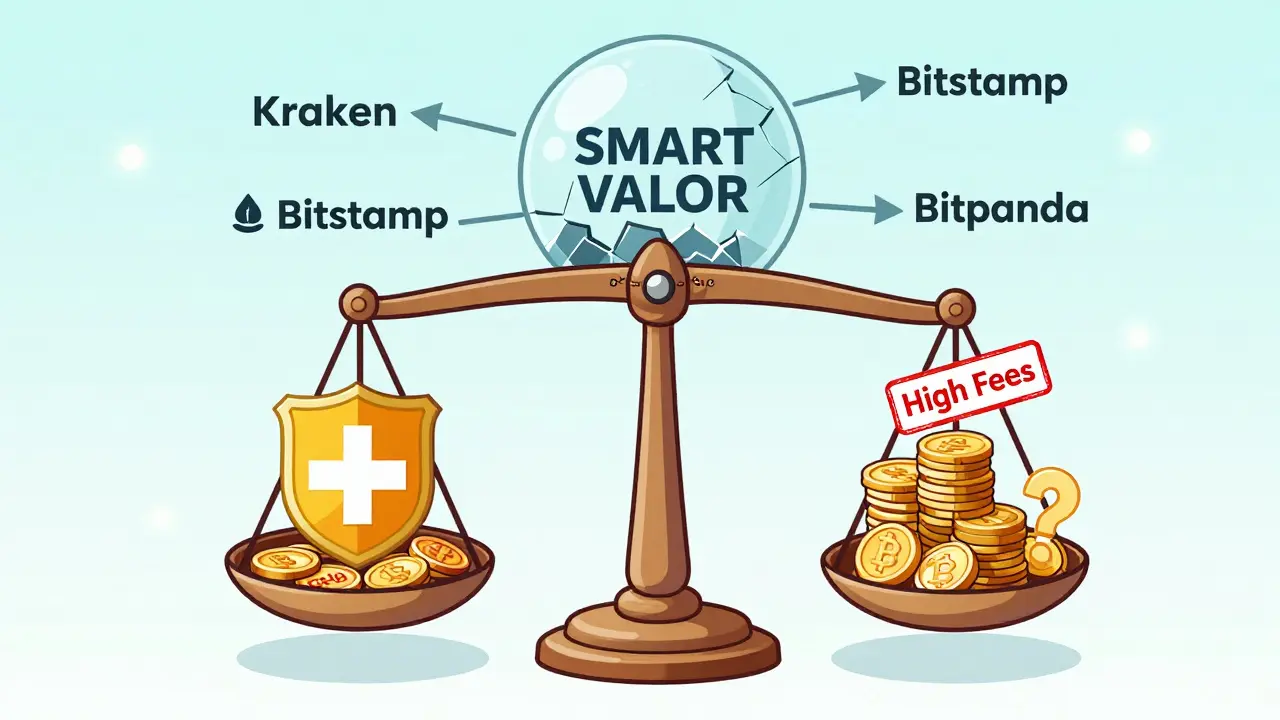 Waage mit Regulierung und Gebühren, darunter zerbrechende Kuppel mit SMART VALOR, Alternativen im Hintergrund.
