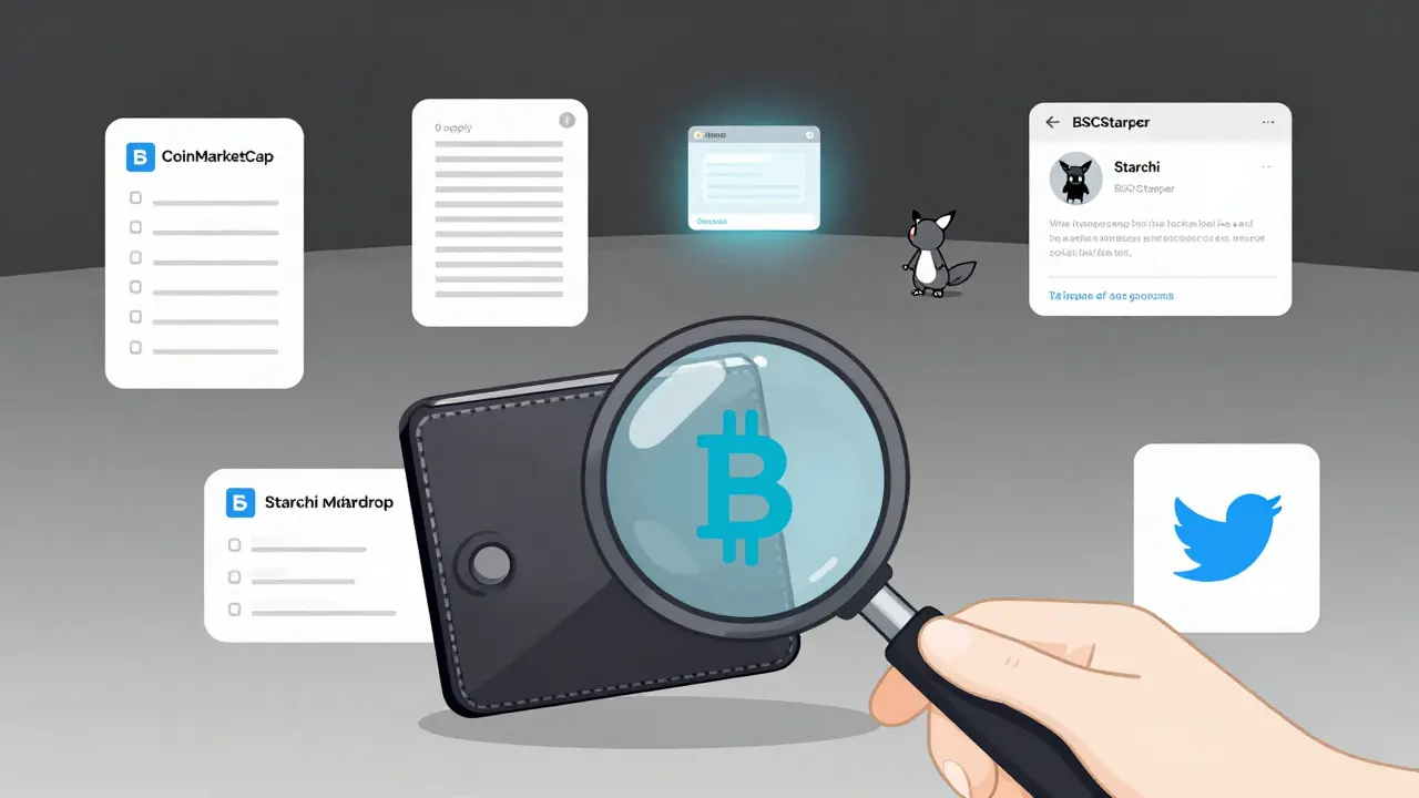 Wallet mit versteckten Phishing-Links, neben leeren Projekt-Icons und einem einzigen echten Portal.