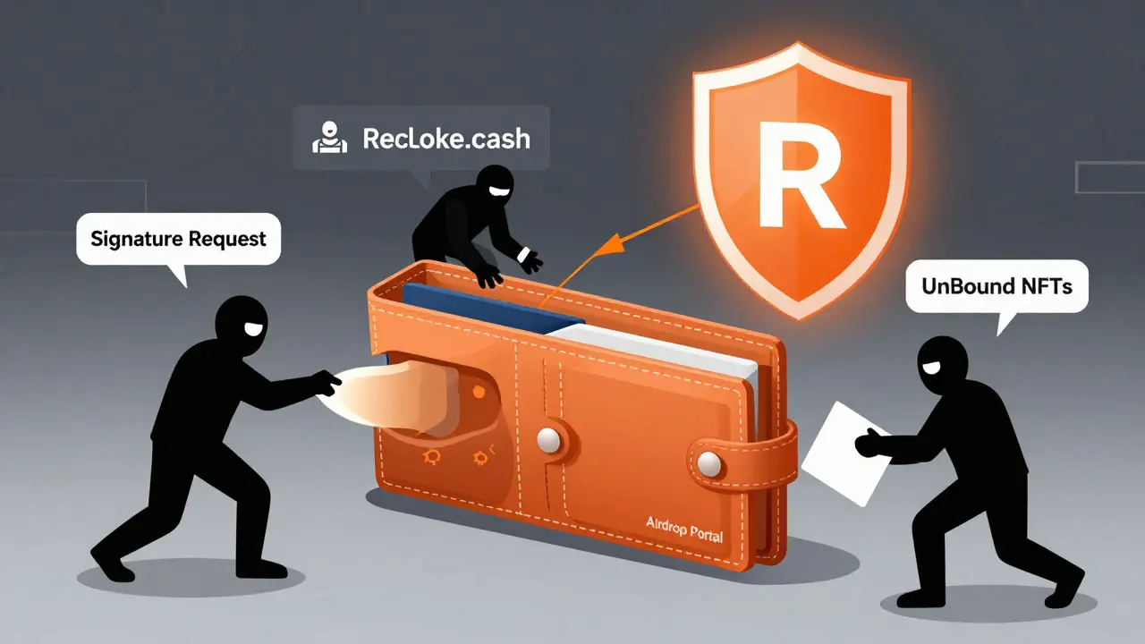 Wallet wird von drei unsichtbaren Angreifern geleert, während der Nutzer Genehmigungen widerruft – technische Illustration mit Bedrohungsvektoren.