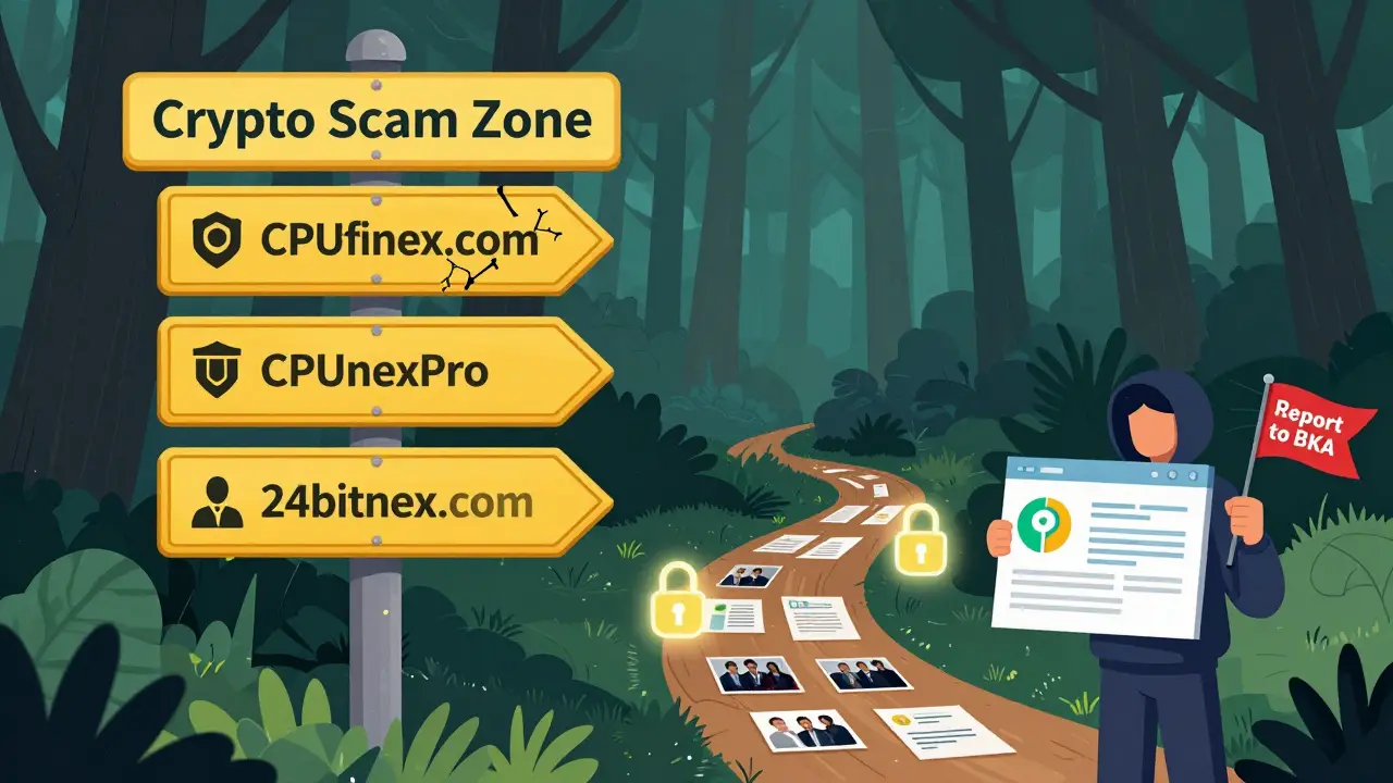 Warnschilder für abgestürzte Betrugssites im digitalen Wald, mit sicherem Pfad zu verifizierten Börsen.