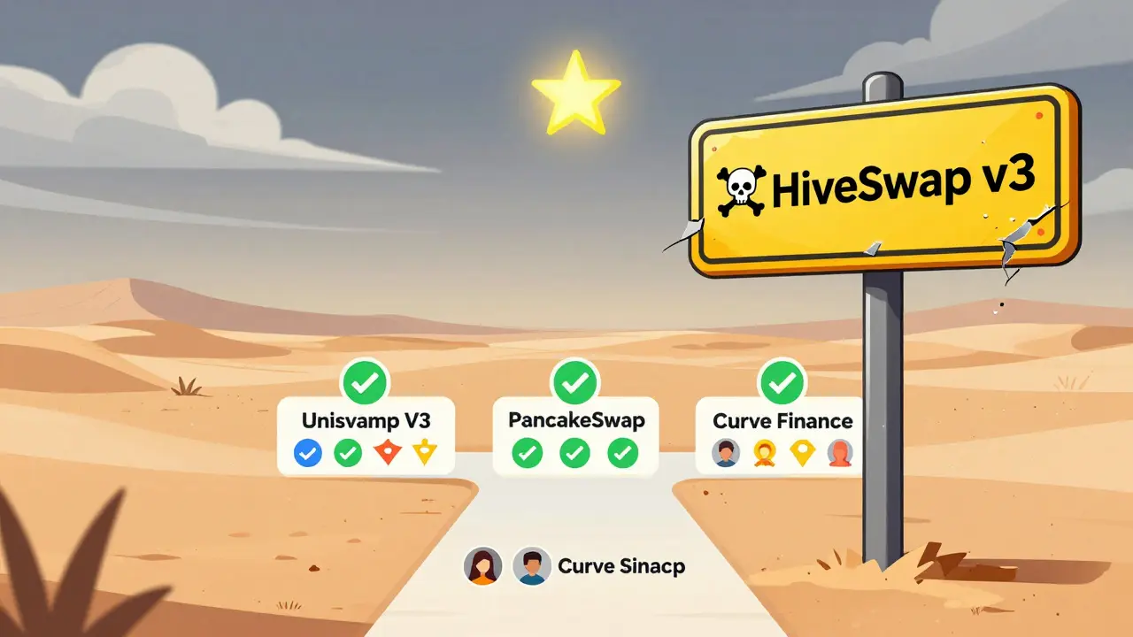 Warntafel vor einer verfallenen HiveSwap v3-Website, mit klaren Wegen zu etablierten DEXs wie Uniswap und PancakeSwap.