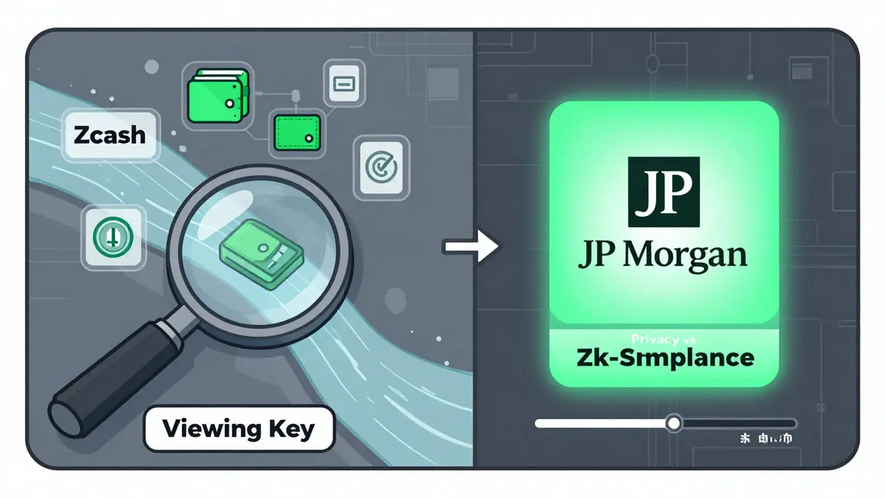 Zcash-Transaktion mit sichtbarem Viewing Key auf einer Seite und verborgenem zk-SNARK-Beweis auf der anderen, dargestellt als technisches Diagramm.