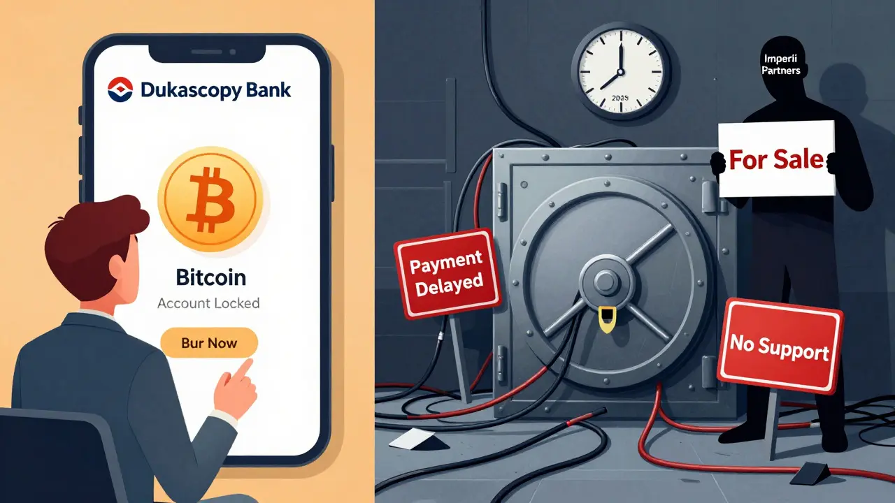 Zweiteilige Illustration: ruhige Krypto-Börse auf einer Seite, Chaos und gesperrte Konten auf der anderen, mit 'For Sale'-Schild.