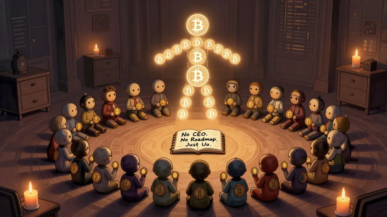 7.900 digitale Puppen sitzen in einem Kreis und bilden ein Friedenssymbol aus Bitcoin-Runes.