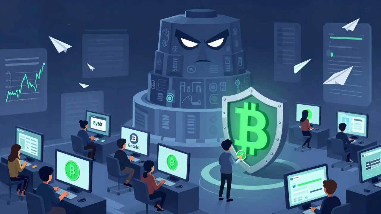 Benutzer handeln PUPS-Token auf kleinen Börsen, während eine Bitcoin-Blockchain im Hintergrund thront.