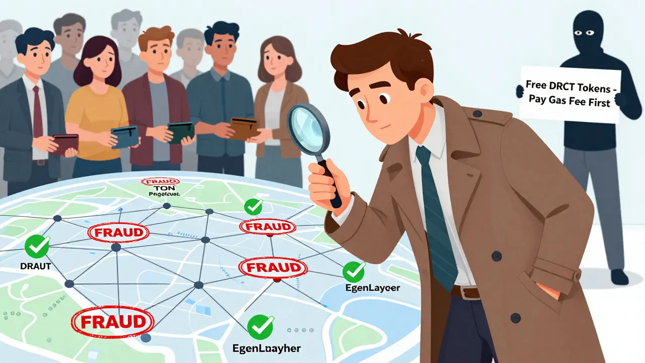 Detektiv untersucht betrügerische DRCT-Knoten auf einer Blockchain-Karte, während legitime Projekte grün markiert sind.