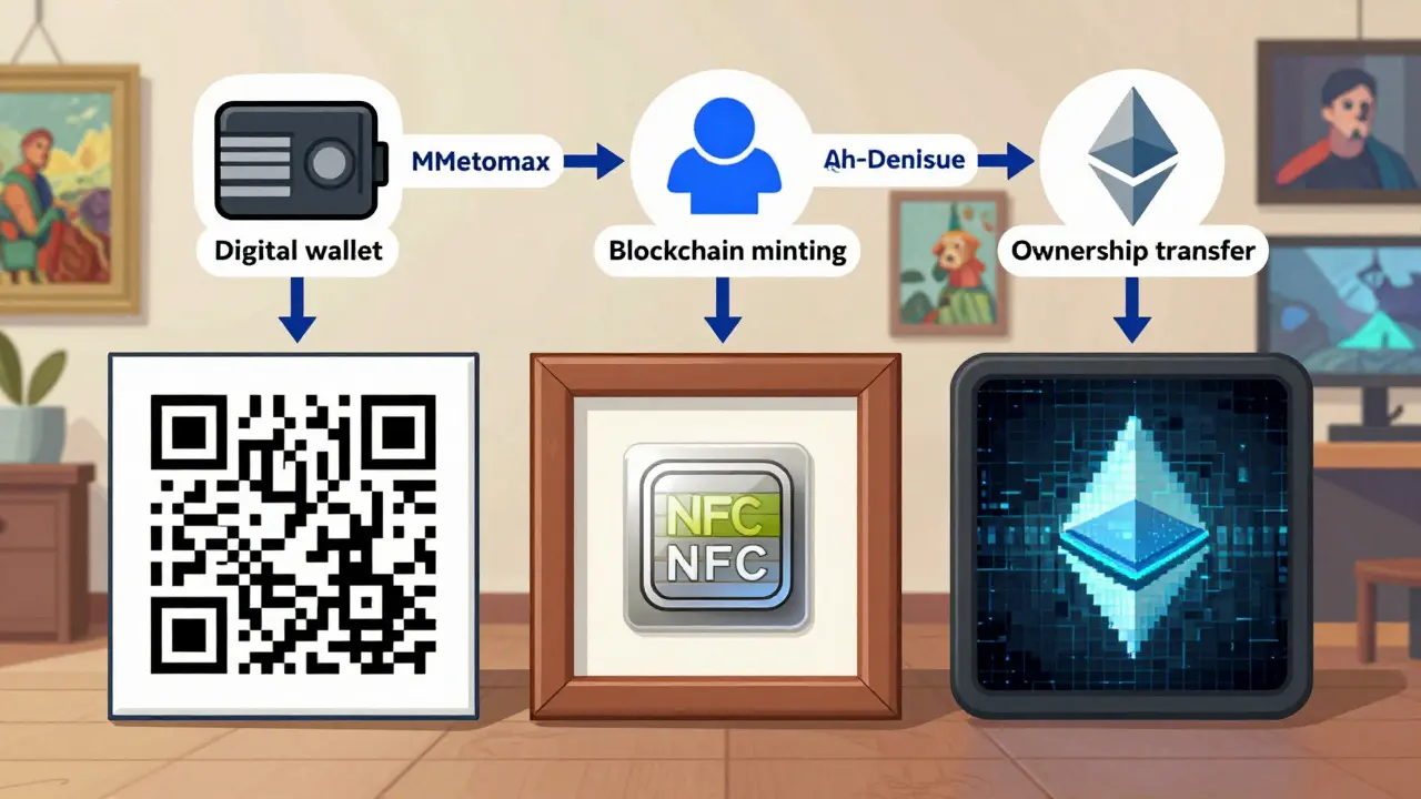 Drei Methoden der NFT-Authentifizierung: QR-Code, NFC-Chip und unsichtbares Wasserzeichen in einer technischen Übersicht.