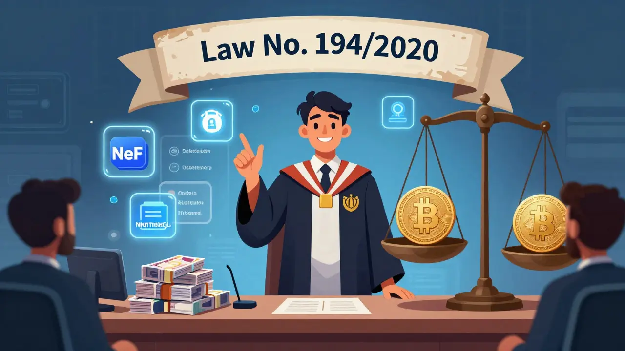 Ein Influencer vor Gericht, umgeben von Krypto-Symbolen, während eine Waage Pfund gegen Bitcoin wiegt.