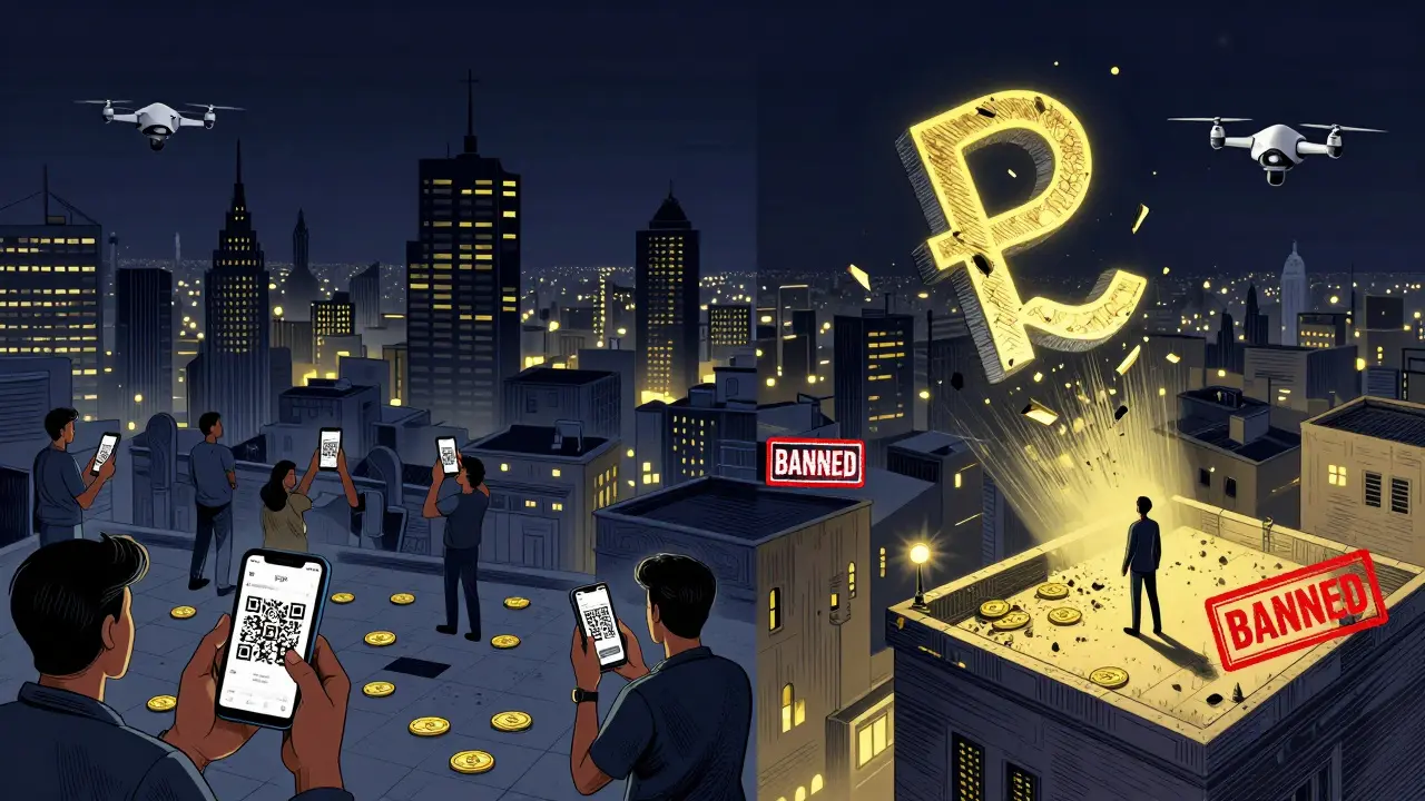 Eine geteilte Stadt: Menschen nutzen heimlich Krypto, während Überwachungsdrohnen digitale Transaktionen blockieren.