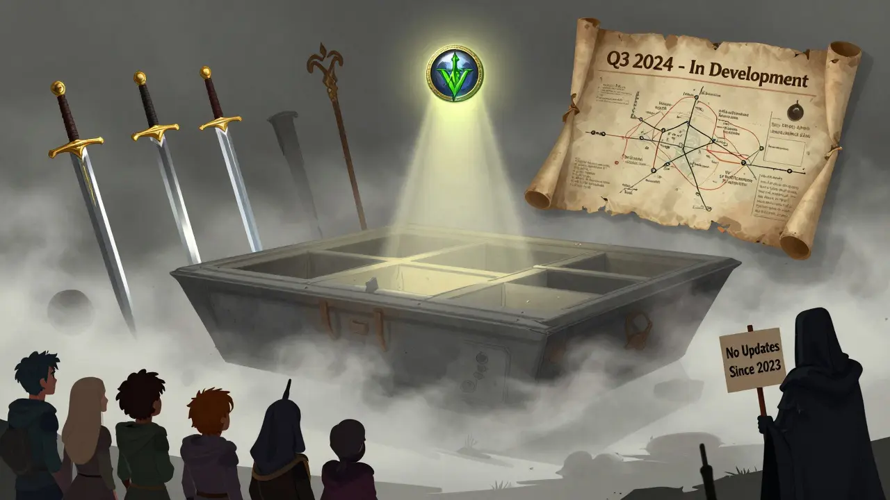 Faded NFT marketplace with empty slots for Witcher artifacts, a lone WICKED Token glowing above a dusty roadmap.