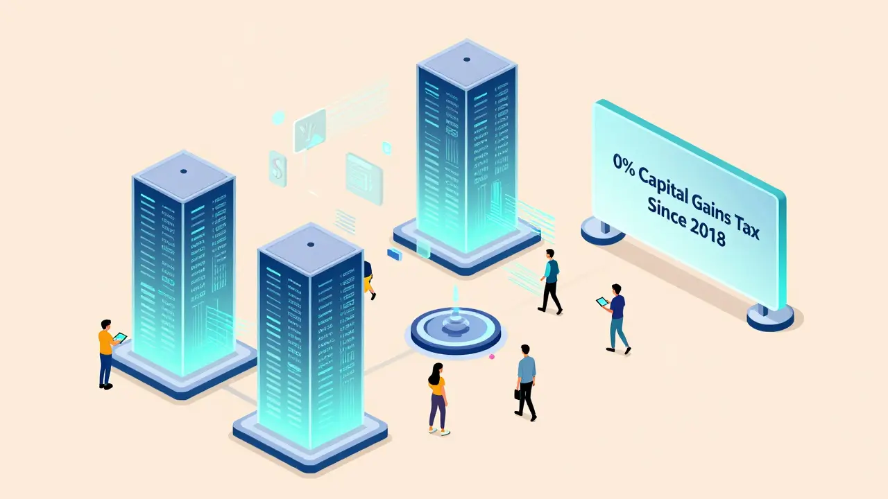 Futuristischer Blockchain-Hub in Dubai mit laufenden Krypto-Transaktionen und 0%-Steuer-Schild.