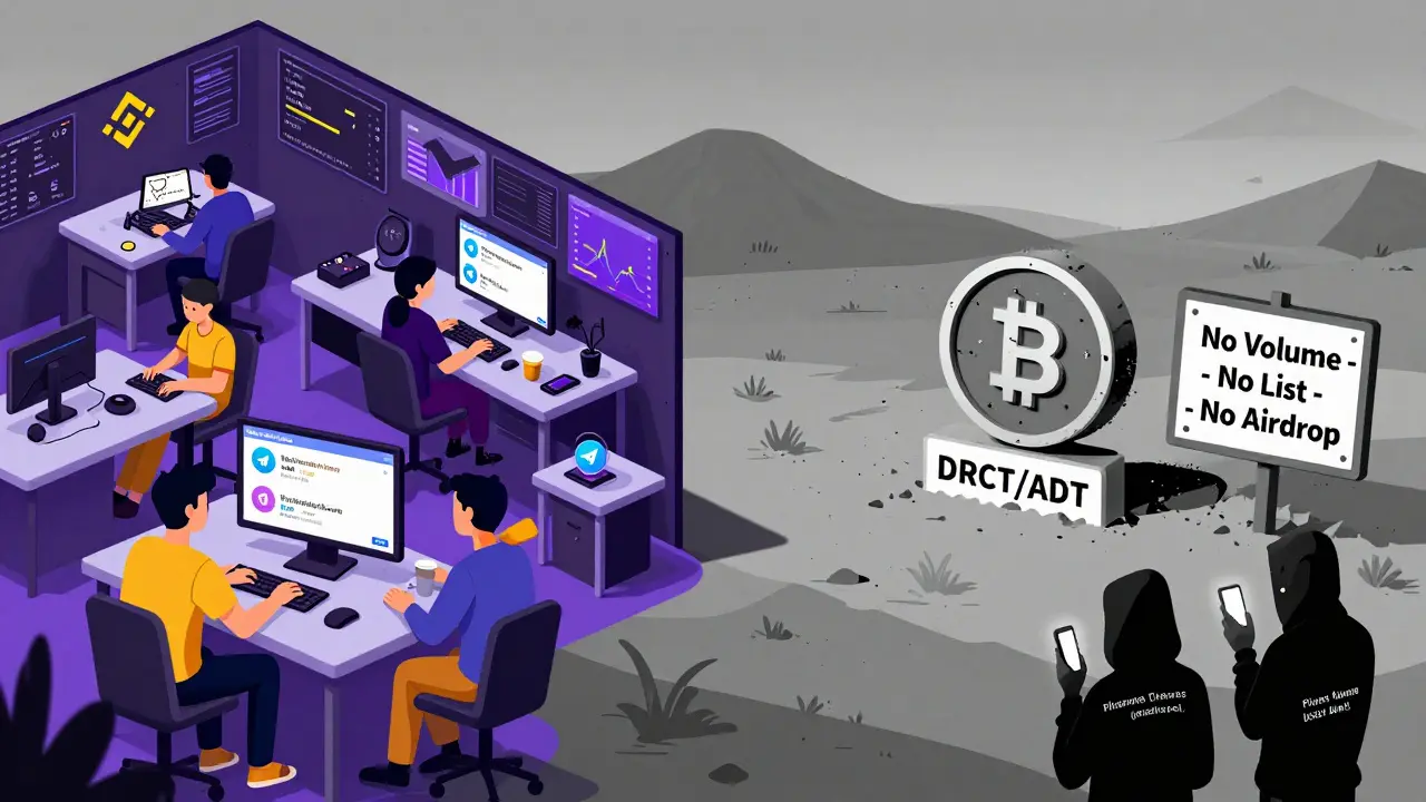 Gegensatz: Aktive Kryptowelt links, rechts eine leere, graue Landschaft mit DRCT-Token und Betrugszeichen.