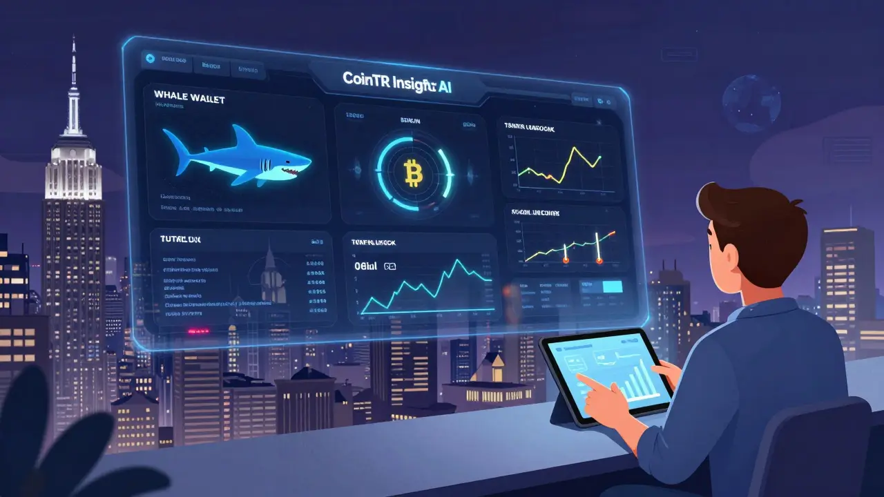 KI-Dashboard mit Whale-Transaktionen, Token-Unlock-Timer und Marktsignalen in sieben Sprachen.