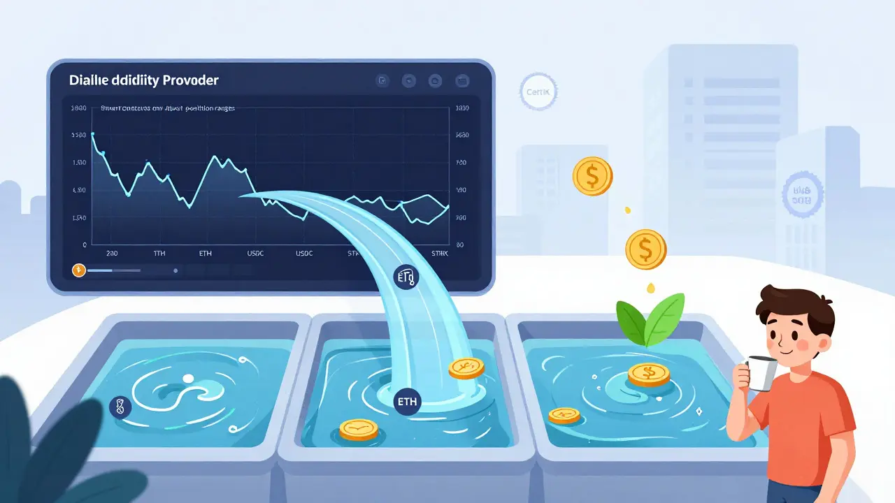 Liquidity-Provider-Dashboard mit automatischer Neuausrichtung von Preisspannen, Tokens fließen in optimierte Pools, Gas-Einsparungen als grüne Blätter.