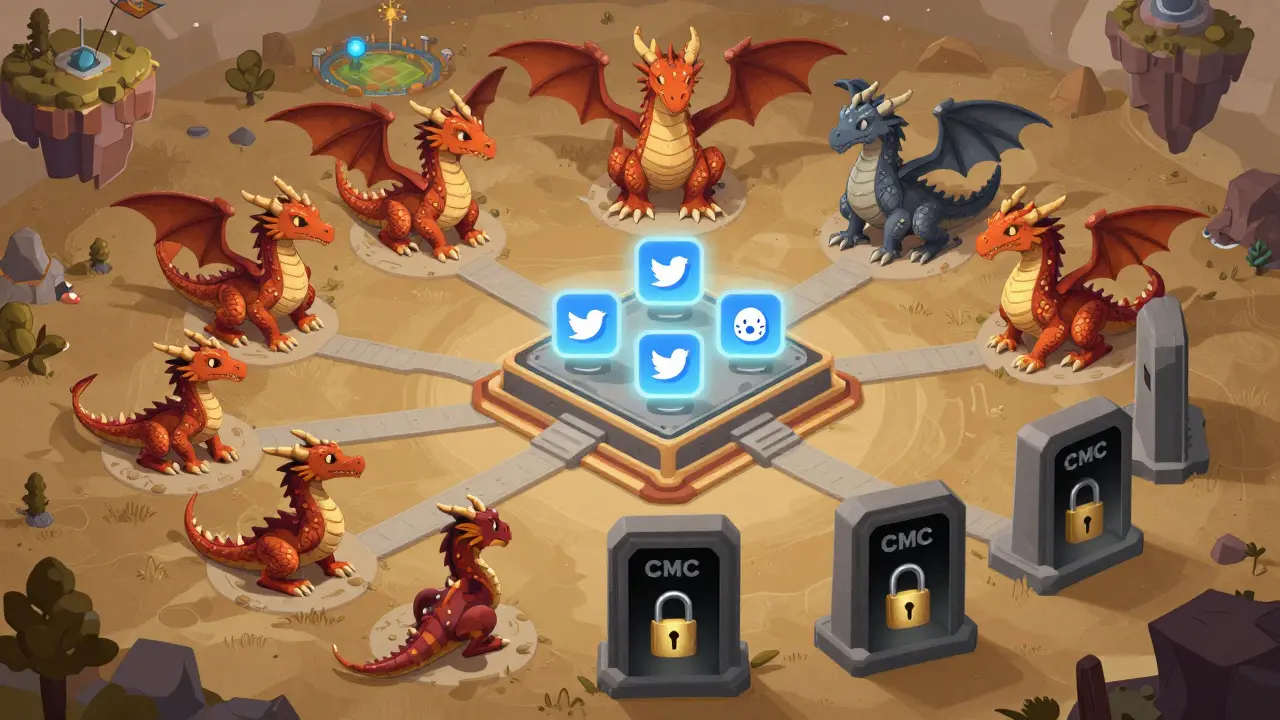 Metaverse-Landschaft mit Drachen-Evolution und sicheren offiziellen Kanälen, während falsche Airdrop-Portale verschlossen sind.