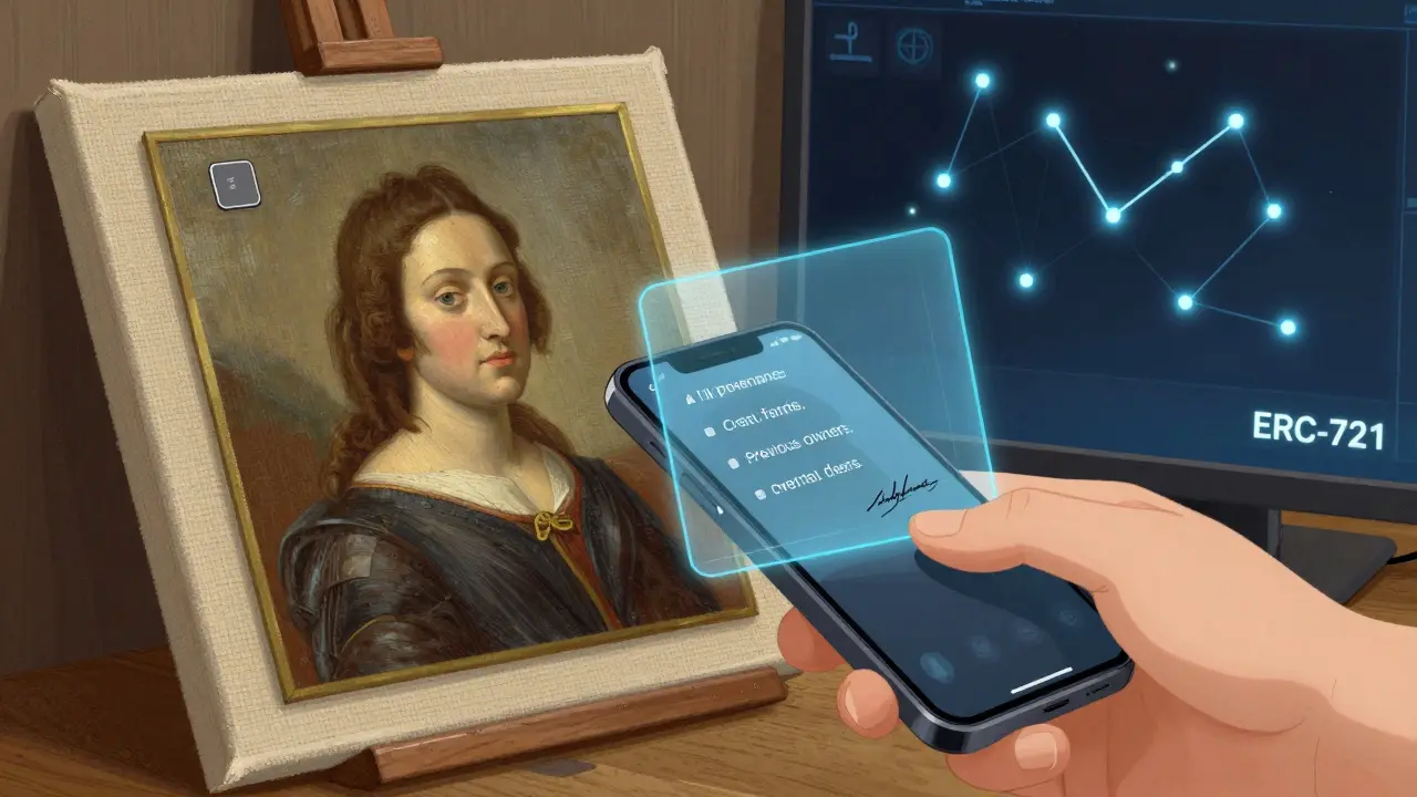 Ölgemälde mit eingebettetem NFC-Chip, der beim Anhalten eines Smartphones die Echtheitsdaten freischaltet.