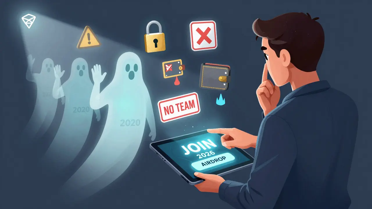 Person vor falschem Airdrop-Button, während alte Teilnehmer verschwinden und Warnzeichen schweben