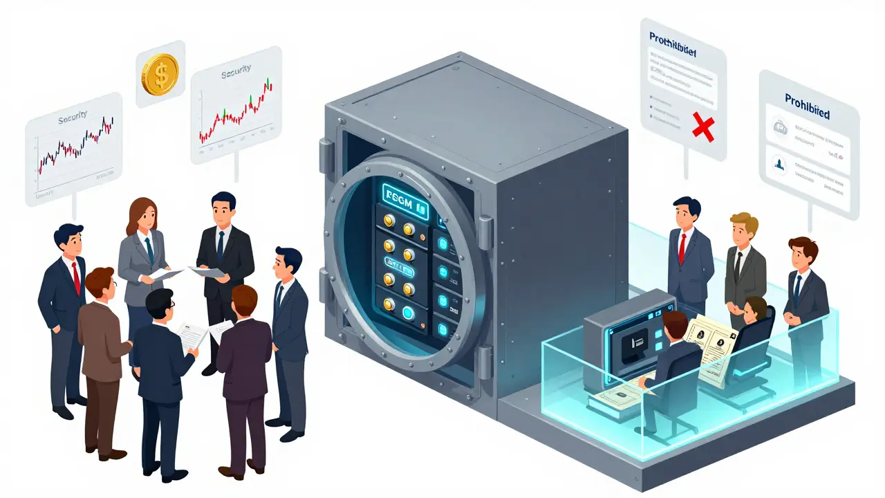 Querschnitt eines lizenzierten Krypto-Unternehmens mit Kaltlagerung, Multi-Faktor-Authentifizierung und getrennten Kundenvermögen.