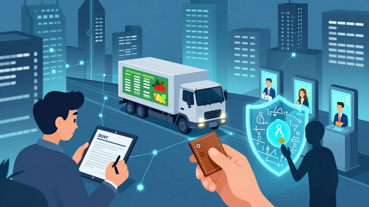 Stadtlandschaft mit DLT-Anwendungen: Grundbuchübertragung, Lieferketten-Tracking und digitale Abstimmung, verbunden durch Datenströme und einen privaten Schlüssel in sicherer Aufbewahrung.