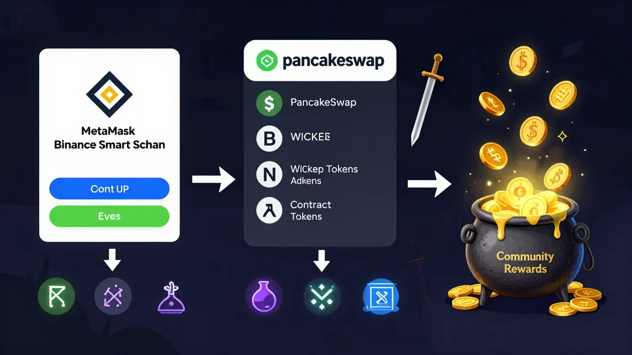 Step-by-step guide illustration: connecting wallet, swapping BNB for WICKED Tokens, and staking to earn Temerian Oren.