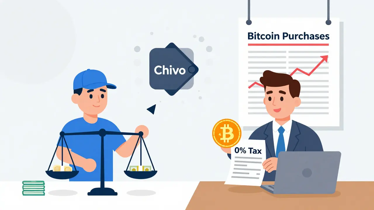 Technische Illustration: Arbeiter zahlt Einkommensteuer, Investor handelt Bitcoin steuerfrei, Chivo-Wallet verschwindet.