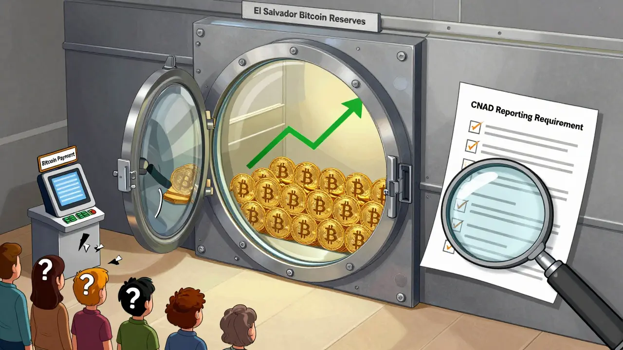 Technische Illustration: Bitcoin-Reserven in einer Vitrine, Bürger vor defektem Zahlungsterminal, CNAD-Dokument mit Pflichten.