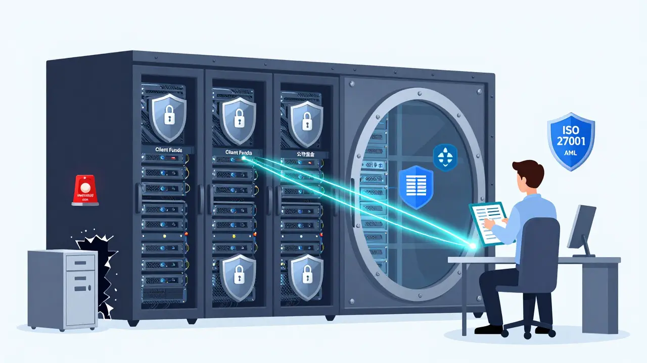 Technische Illustration: Serverraum einer Kryptobörse mit klar getrennten Kunden- und Eigenmitteln, gesichert durch Audit- und Sicherheitsprotokolle.