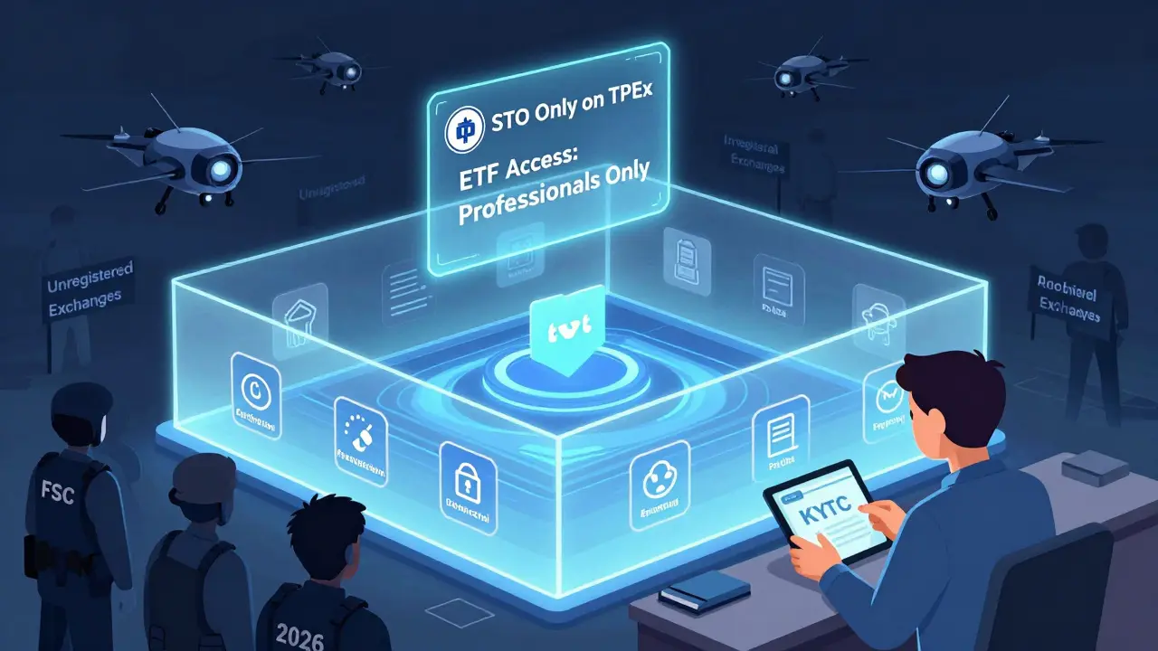 Technische Illustration: Taiwan 2026 – Regulierte Kryptobörse innerhalb eines rechtlichen Schutzbereichs, während unregistrierte Anbieter verhaftet werden.