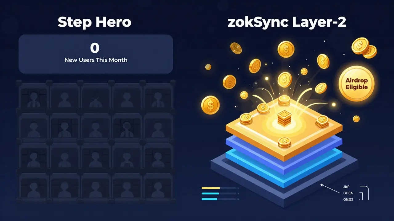 Vergleich: Passives Step-Hero-Spiel links, aktives zkSync-Netzwerk rechts mit klaren Airdrop-Indikatoren.