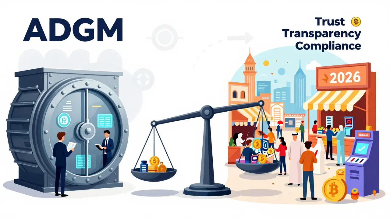 Vergleich zwischen ADGM (institutionell, sicher) und Dubai VARA (privat, bunt) als zwei unterschiedliche Krypto-Märkte.