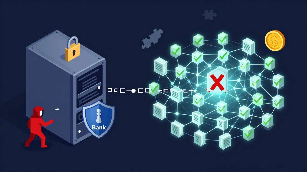 Vergleich zwischen einer zentralen Bankdatenbank unter Angriff und einem dezentralen Knotennetzwerk, das betrügerische Transaktionen ablehnt.