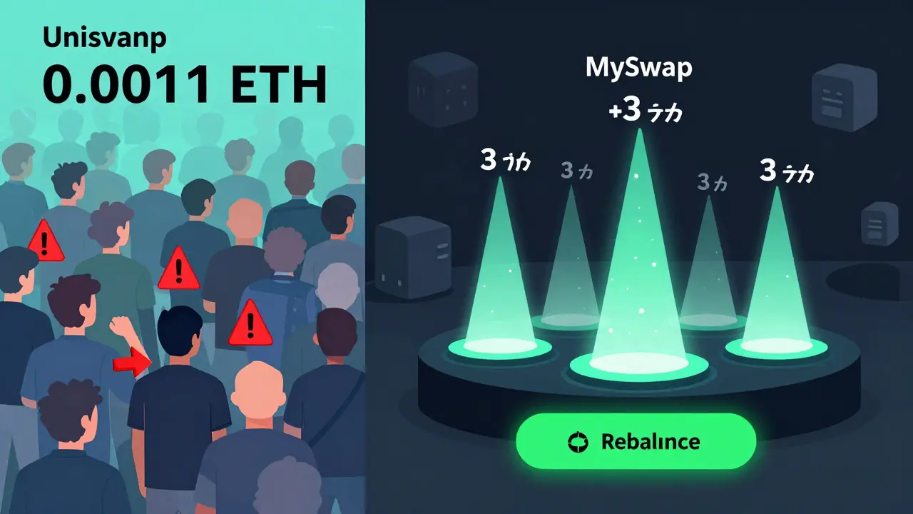 Vergleich zwischen langsamen DEX und mySwap: links hohe Gasgebühren, rechts schneller Swap mit fokussierten Liquiditätsbündeln.