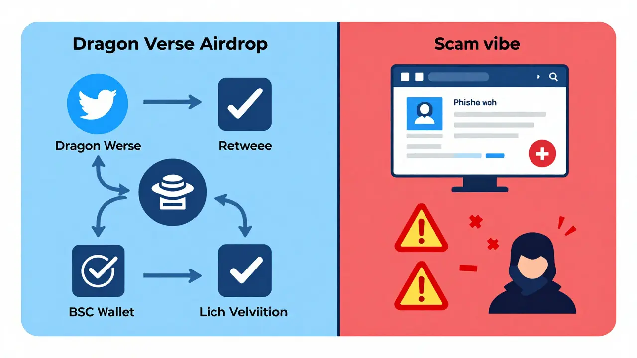 Vergleichsdiagramm: Legitimer Airdrop-Prozess links vs. Betrugsversuch rechts mit Warnsymbolen und gestohlenen Wallets.