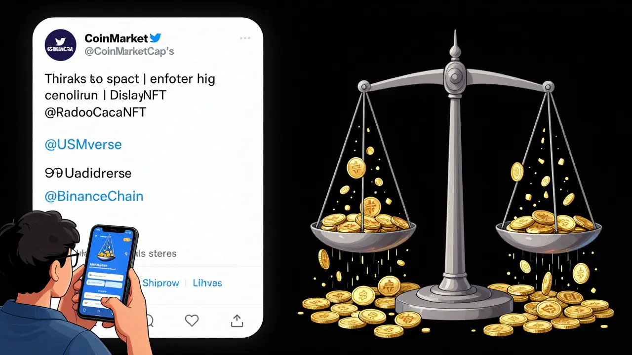 Benutzer folgen Twitter-Accounts und CoinMarketCap verifiziert Wallets für die Token-Verteilung.