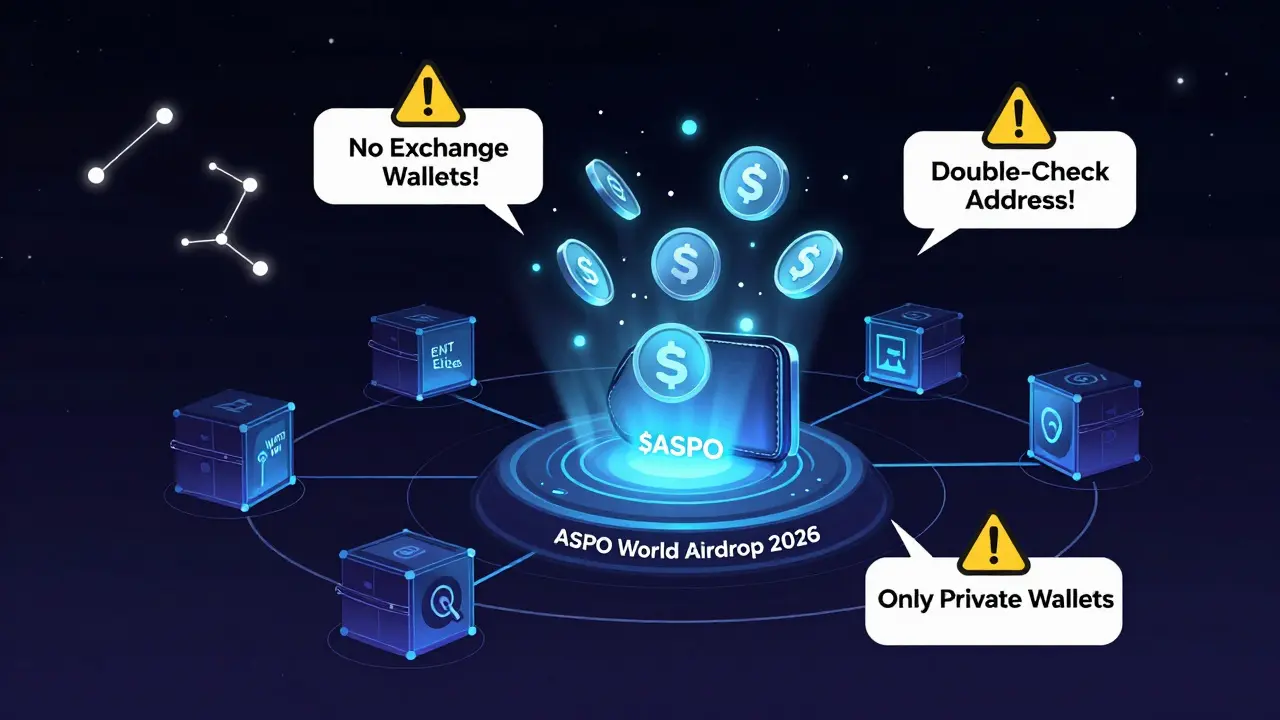 BEP-20 wallet receiving $ASPO tokens from blockchain hub with warning icons for private wallet use.