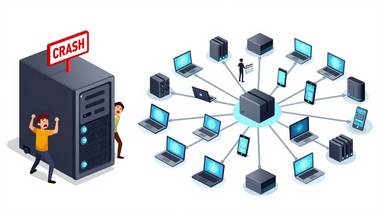 Contrast between a failed central server and a resilient network of many working devices.