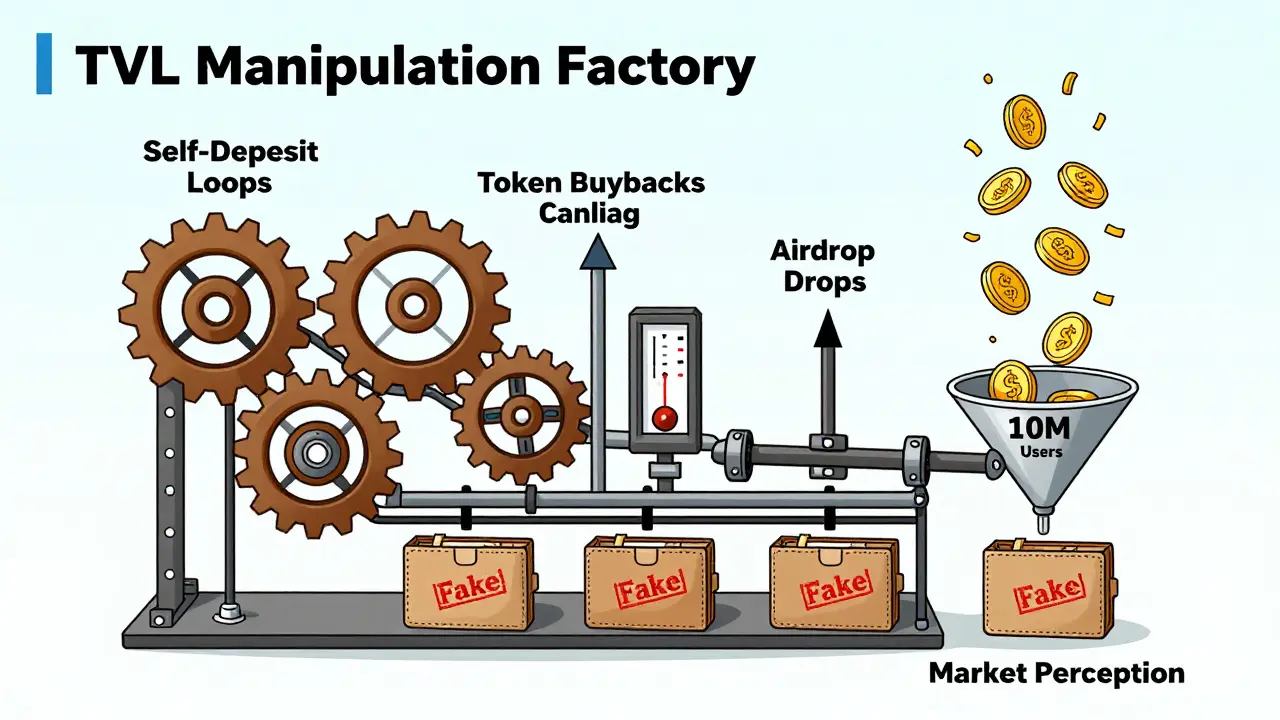 Eine komplizierte Maschine, die TVL durch gefälschte Liquidität und Airdrops künstlich erhöht.