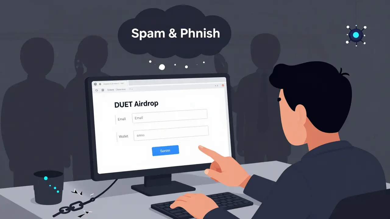 Eine Person füllt ein Airdrop-Formular aus, während schattenhafte Gestalten ihre Daten sammeln, in einer technischen Illustration mit BSC-Netzwerk.