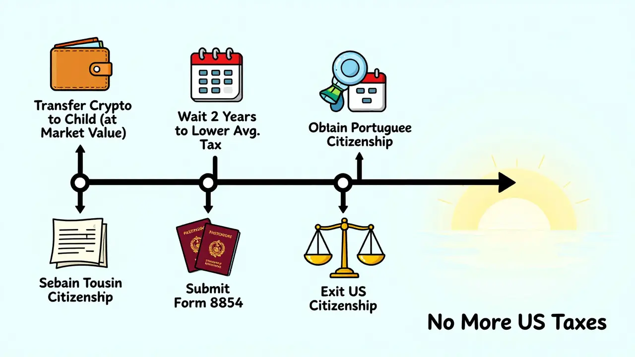 Eine technische Zeitlinie zeigt die fünf Schritte zur Aufgabe der US-Staatsbürgerschaft mit Wallets, Kalendern und Passsymbolen.