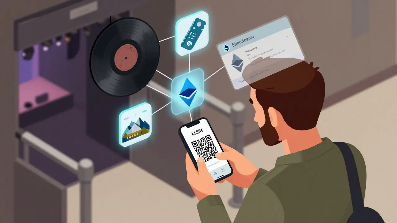 Eine türkische Besucherin scannt einen KLEIN-Token an einem Konzert, während digitale Vorteile über ihr erscheinen.