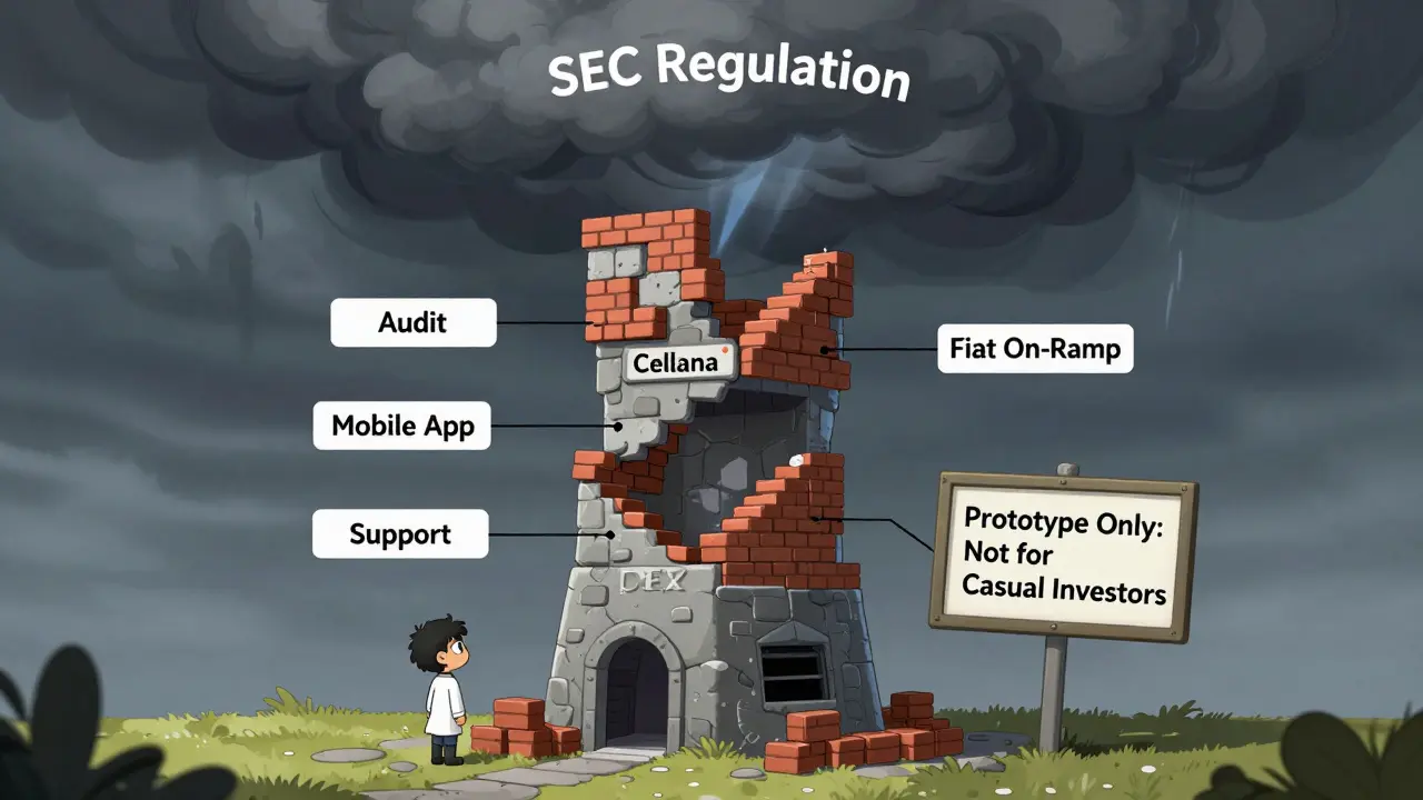 Eine unvollständige DEX-Struktur mit fehlenden Elementen unter einer drohenden SEC-Wolke, Symbol für Risiko.
